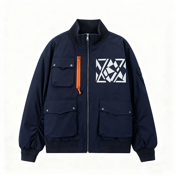 Navy Blue Multi-Pocket Bomber Jacket with Geometric Print