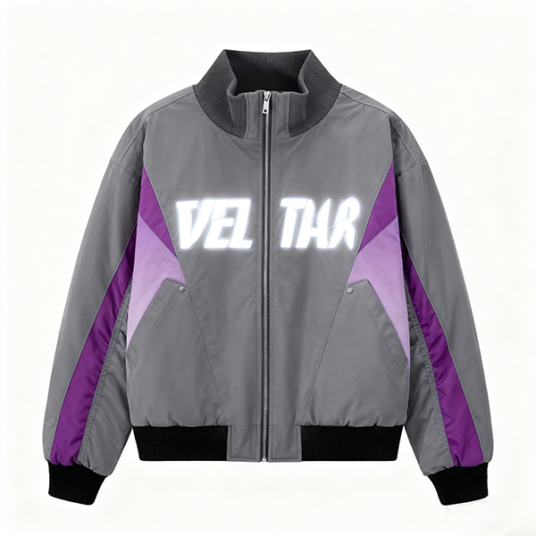 Gray & Purple Color-Block "VEL TAR" Bomber Jacket