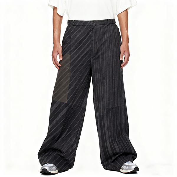 Black & Gray Striped Paneled Wide-Leg Pants