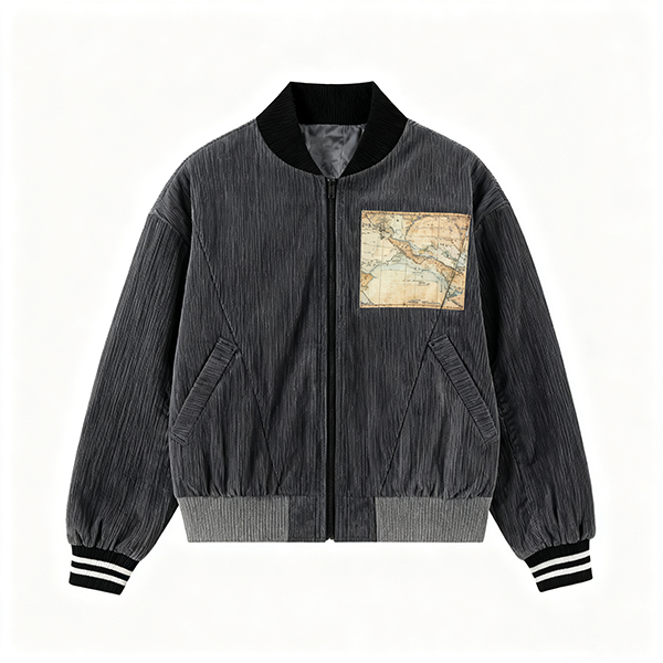 Charcoal Corduroy Bomber Jacket with Vintage Map Patch