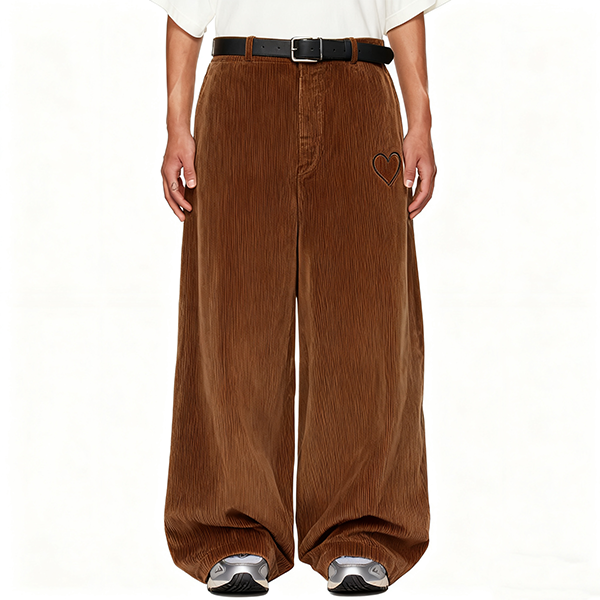 Brown Corduroy Wide-Leg Pants with Heart Embroidery