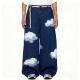 Dark Blue Denim Cloud-Print Wide-Leg Jeans