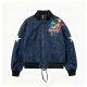 Dark Denim Bomber Jacket with Colorful Graffiti & Star Accents