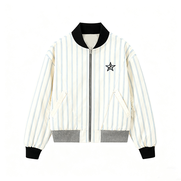 White Striped Bomber Jacket with Star Embroidery
