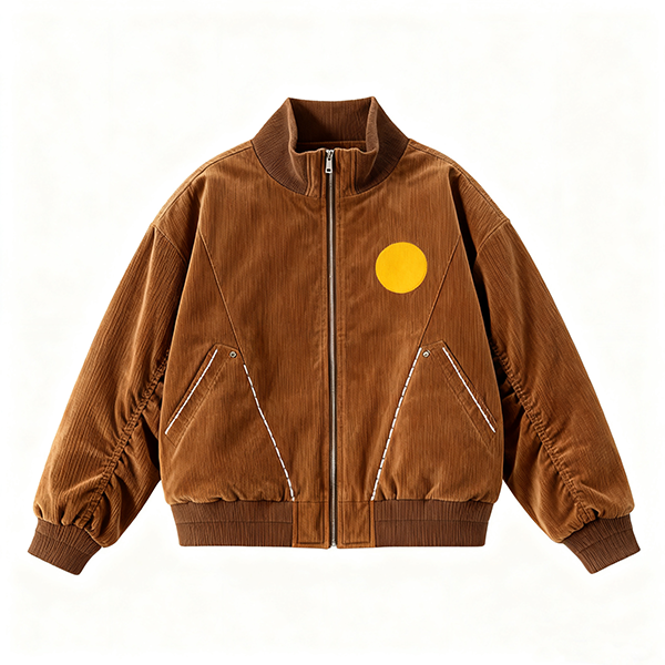 Brown Corduroy Bomber Jacket with Yellow Circle Accent