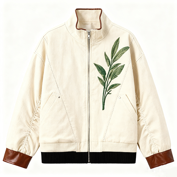 Cream Canvas Bomber Jacket with Leaf Embroidery
