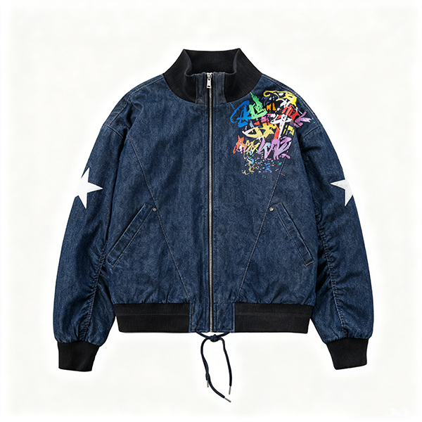 Dark Denim Bomber Jacket with Colorful Graffiti & Star Accents
